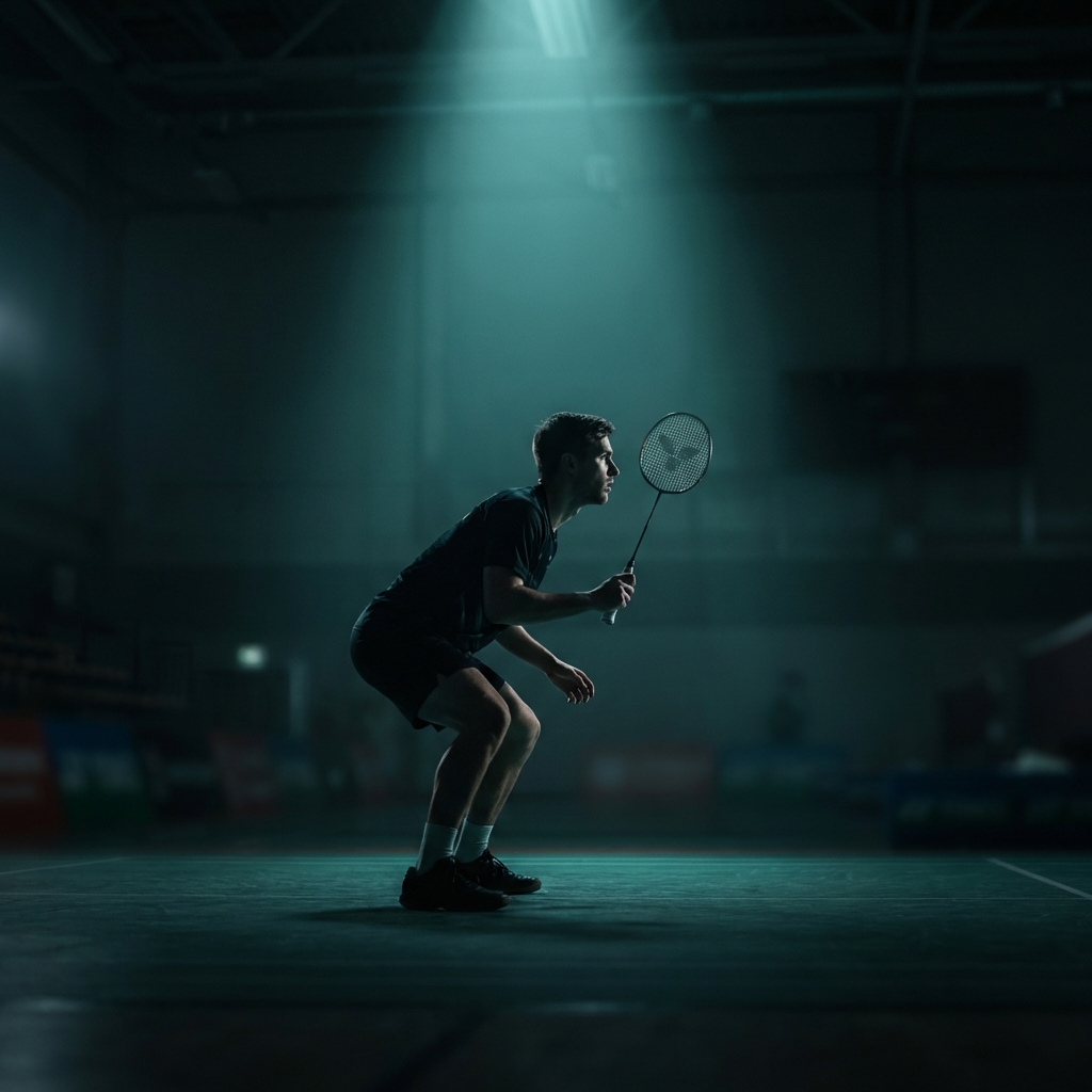 Badminton player in action stance
